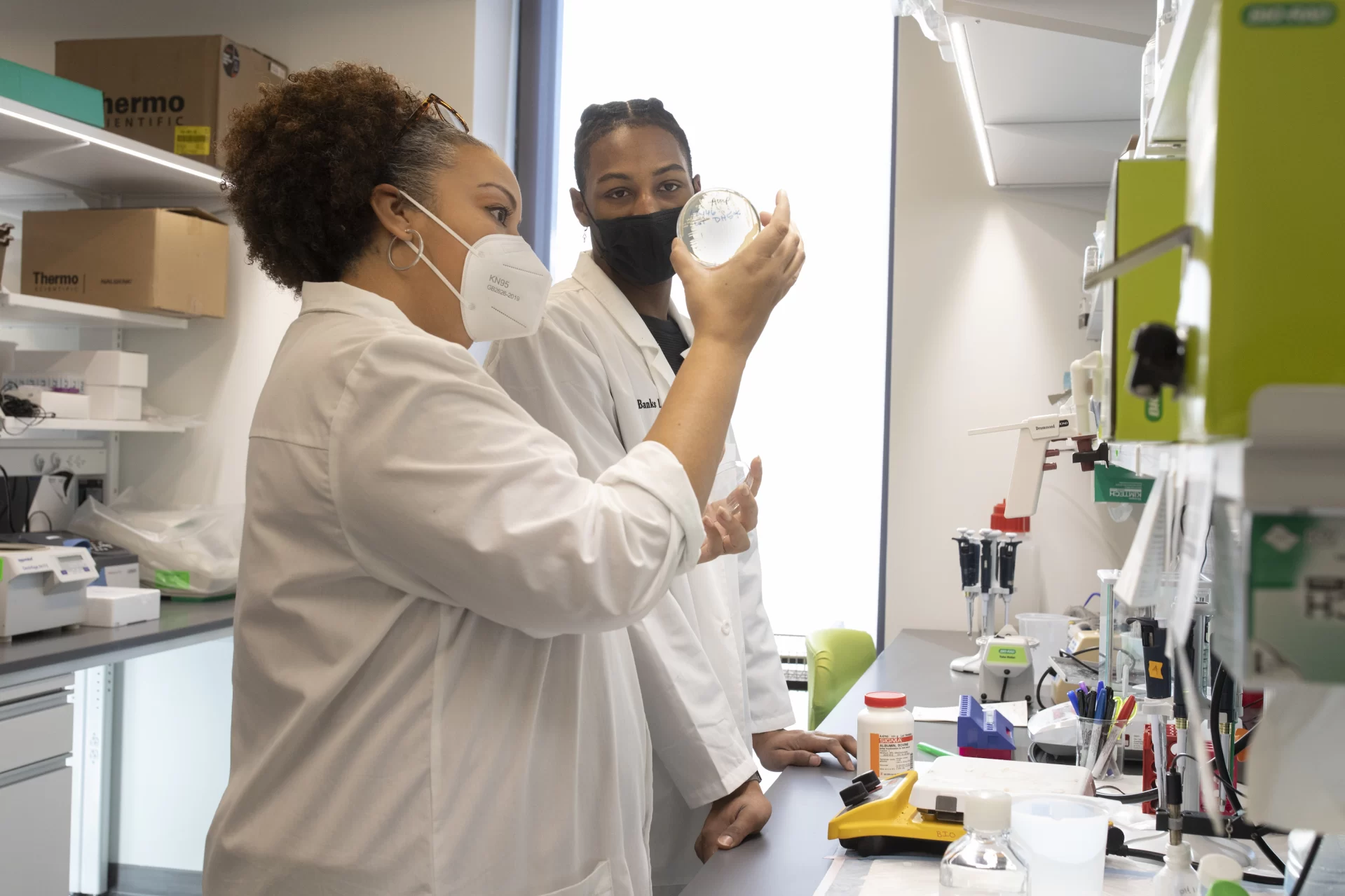 Assistant Professor of Biology Lori Banks works with her thesis students in her second floor lab in Bonney Science.

In group photo (pease see for IDs), from left to right: 

Osceola “Ossie” Heard ’22 of Newark, N.J., biochemistry major (gray/black sweater and black mask)

Alex Weissman ’22 of Bedford, Mass, a biology major, chemistry minor (black sweater, bunny mask)

Dr. Lori Banks

Maddie Feldmeier ’22 of Palo Alto, Calf., a biochemistry minor (fray sweater, black mask)

Emily Claire Duffy ’22 of Belmont Mass., a biology major, chemistry minor (maroon sweater and black mask)

Clara Porter ’22 of Portland, Ore., a biology major, chemistry minor (black turtle neck, pink flower mask)