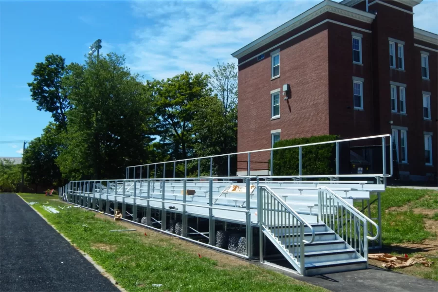 Shown on Aug. 3, these new bleachers at the Campus Avenue field were completed this week. (Doug Hubley/Bates College)