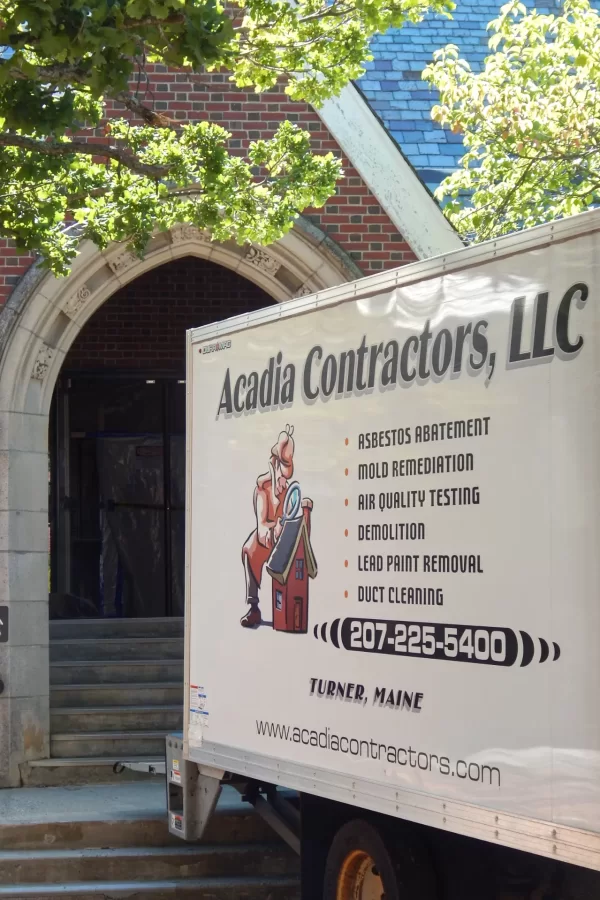 Acadia Contractors is doing asbestos abatement in Chase Hall. (Doug Hubley/Bates College)