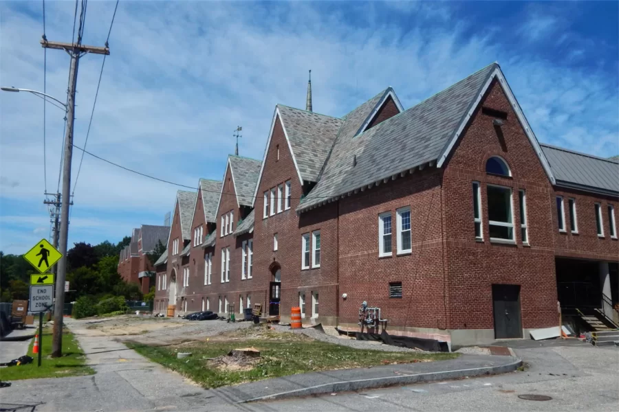 Chase Hall under renovation on Aug. 3, 2022. (Doug Hubley/Bates College)