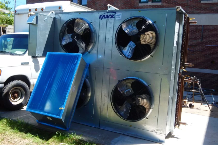 Not yet assembled, this energy-saving dry cooler will make use of cool outdoor temperatures to help regulate the temperature inside Olin Arts Center. (Doug Hubley/Bates College)