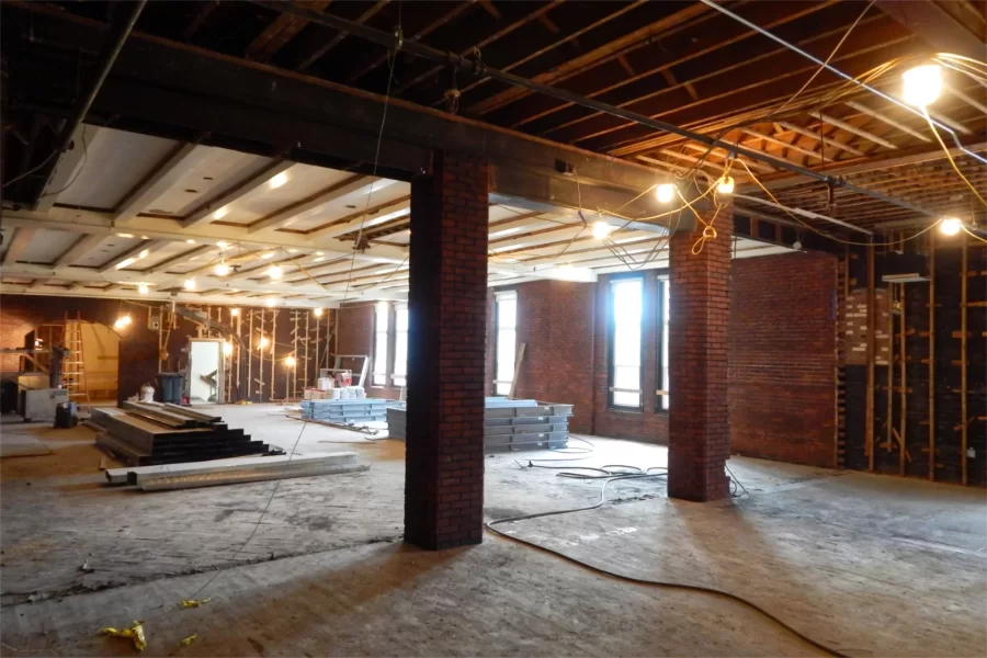 The Chase Lounge windows to the right of center mark the approximate location of the overhead joists shown in the previous images. (Doug Hubley/Bates College)