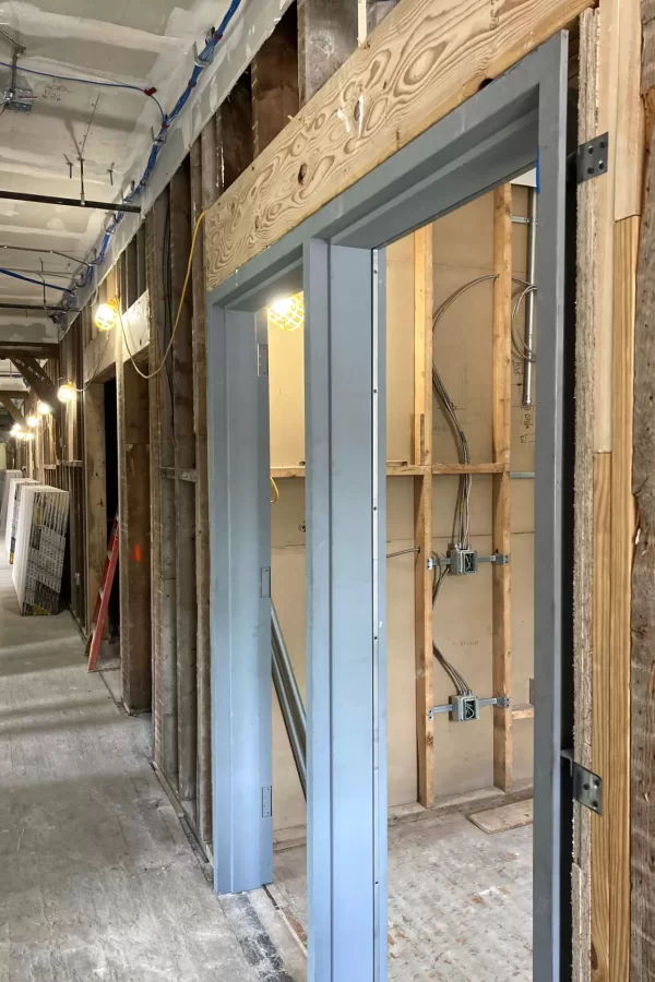 New door frames, electrical rough-ins, and ceilings on the second floor. (Doug Hubley/Bates College)