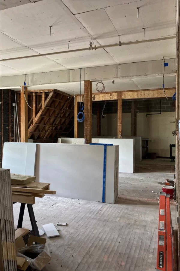 Three separate rooms are being joined to form a student activity space on Chase Hall's second floor. (Doug Hubley/Bates College)