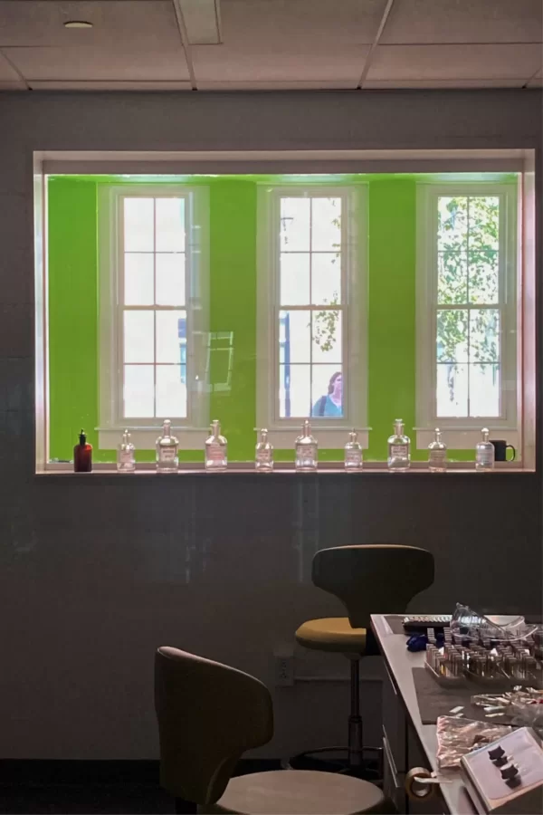 This image captured through a door into Dana Hall’s chemical prep room exempilfies the way design firm Payette has brought natural light more deeply into the building. Visible through the three windows is Alumni Walk. (Doug Hubley/Bates College)