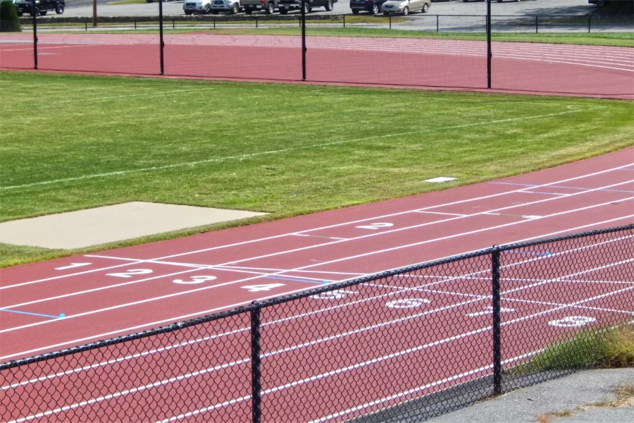 A view of the new Russell Street Track surface, with Lafayette Street in the background. (Doug Hubley/Bates College)
