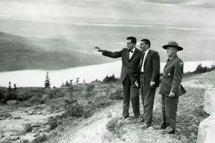 In this early 1960s image, U.S. Sen. Edmund Muskie ’36 and Secretary of the Interior Stewart Udall, with an unidentified park ranger, visit Maine’s Cadillac Mountain, located within Acadia National Park. (Photograph courtesy of Edmund S. Muskie Archives and Special Collections Library)