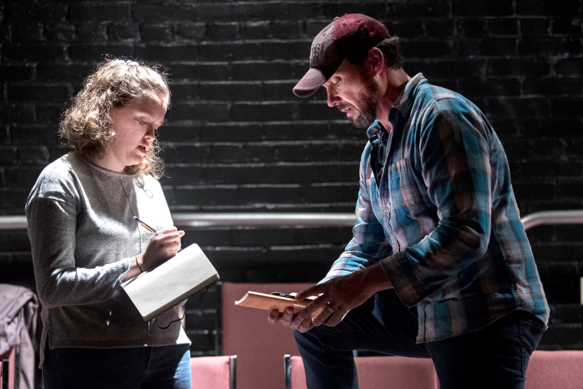 For an independent study in directing @bates.theater.dance, Alison Greene ’20 of West Hartford, Conn., directs Florence Keith-Roach’s dark two-character comedy about, as the playwright says, “female friendship, fertility and freaking out.”
.
(Above, top) Maya Wilson ’20 of Toronto and Tricia Crimmins ’19 of Lake Forest, Ill., hold nothing back as Girls One and Two.
.
(Above, bottom) After last night’s dress rehearsal, director Greene and faculty adviser Assistant Professor of Theater Tim Dugan compare notes.
.
Performances in the Black Box Theater, will be staged at 7:30 p.m., Friday, Oct. 12; at 5 p.m., Saturday, Oct. 13; and at 2 p.m. and 7:30 p.m. on Sunday, Oct. 14. Admission is free, but tickets are required: bit.ly/bates-theater-dance. $5 donations gratefully accepted. For more information, call 207-786-6161.