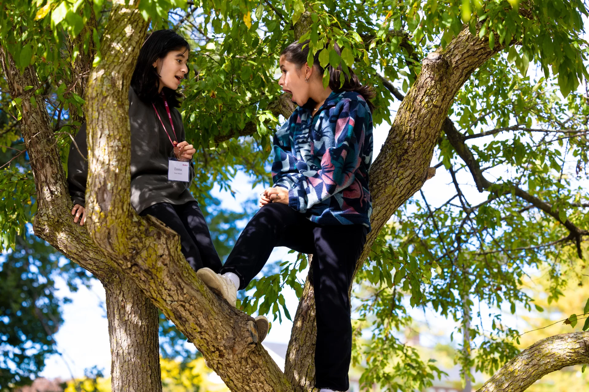 “I wanted to give her the college tree experience.”

— Elizabeth Nahigian ’26 of Needham, Mass., explains why she took sister Emma, 14, up a tree behind Lane Hall for an opportunity to catch up on Saturday afternoon. Elizabeth had climbed this very tree with Bates friends and wanted to do the same with Emma.

“We had fun,” she said, as they disembarked to meet their parents.

Swipe left for a few other photographs of siblings on Saturday of Back to Bates weekend. And watch for more coverage later this week.

Looking forward to the Back to Bates Alumni Weekend on Oct. 15.