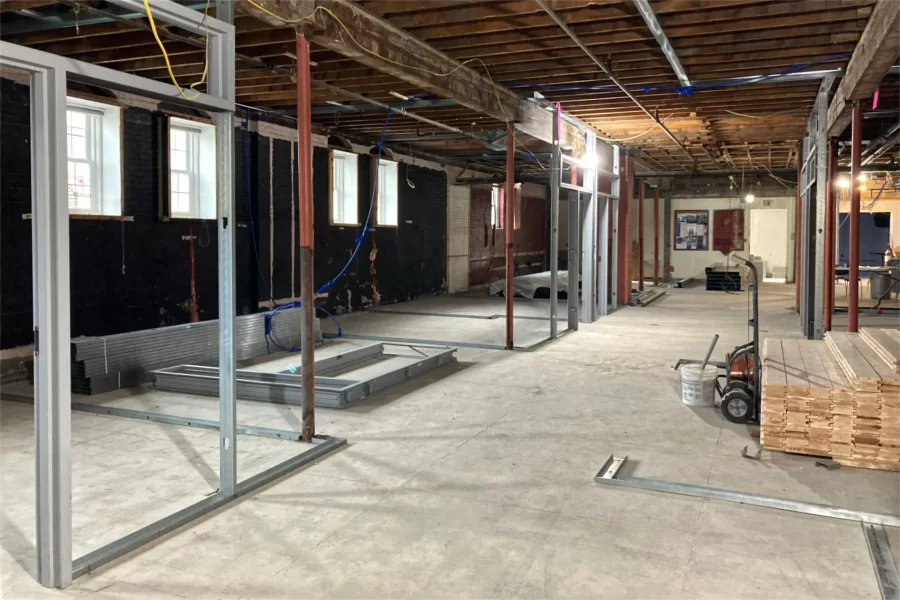 Wall framing has begun in what will be Student Affairs offices in the ground floor space occupied long ago by the College Store. (Doug Hubley/Bates College)