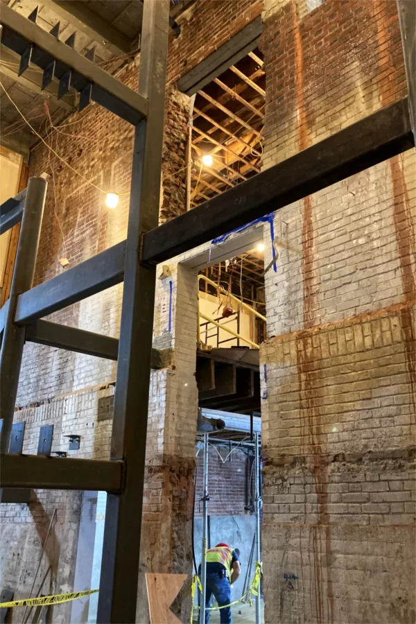 Floor-to-ceiling steel for the central stair. (Doug Hubley/Bates College)