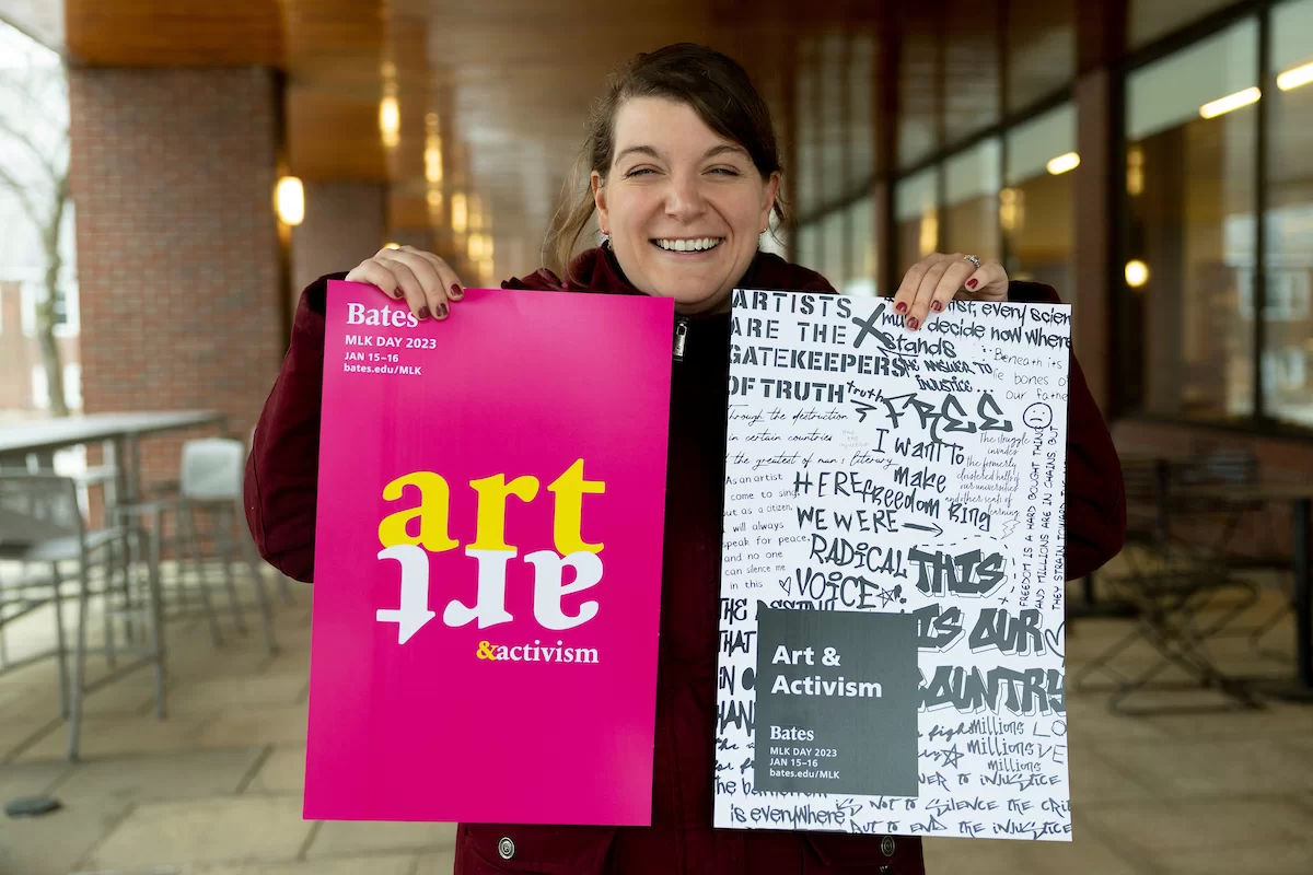 Campus scenes photographed during Winter Break on Jan. 6, 2023. Brittany Longsdorf holds the MLK Day posters designed by Olivia Orr as the puts them up across campus

Multifaith Chaplain Brittany Longsdorf poses with the 2023 MLK Day posters designed by BCO designer Olivia Orr. Longsdorf was circulating throughout campus to hang the posters in various buildings.