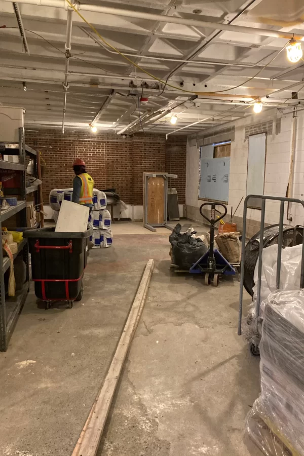 Once a storage area for Dining Services, more recently the campus Package Center, this ground-floor space in Chase will soon house Residence Life offices. (Doug Hubley/Bates College)