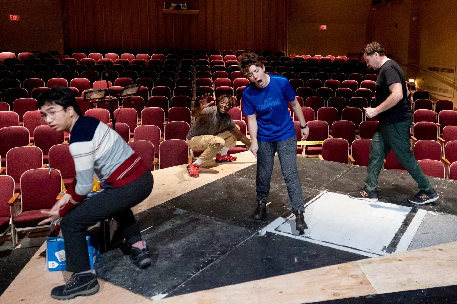 Guest artist Wesley Broulik worked with Assistant Professor of Theater Tim Dugan and his cast members from “Much Ado About Nothing” in the second day of a two-day workshop about 2-4pm in SchaefferTheatre on Saturday, Jan. 28, 2023. The Saturday workshop specifically be focused on clown work and those scenes with the Dogberry, Verges and the Watch.
Participants identified below:
David Walker ’24/ Dogberry (short-sleeve button-up with flowers)
Joaquin Torres ’25/Verges (white gray/red striped sweater)
Caroline Cassell ’24/Watch (blue t-shirt)
John Wilkens ’23/Watch (red long sleeve shirt in sling)
Brendan Fitzgerald ’23/Watch (green t-shirt)
Spencer Obiero ’25/Watch (gray t-shirt, red shoes)
Lucie Green ’23/Stage Manager (Shady Side Academy sweatshirt)
Tim Dugan/Director (green pants)
Wesley Broulik/Guest Artist (Plaid shirt, black t-shirt)