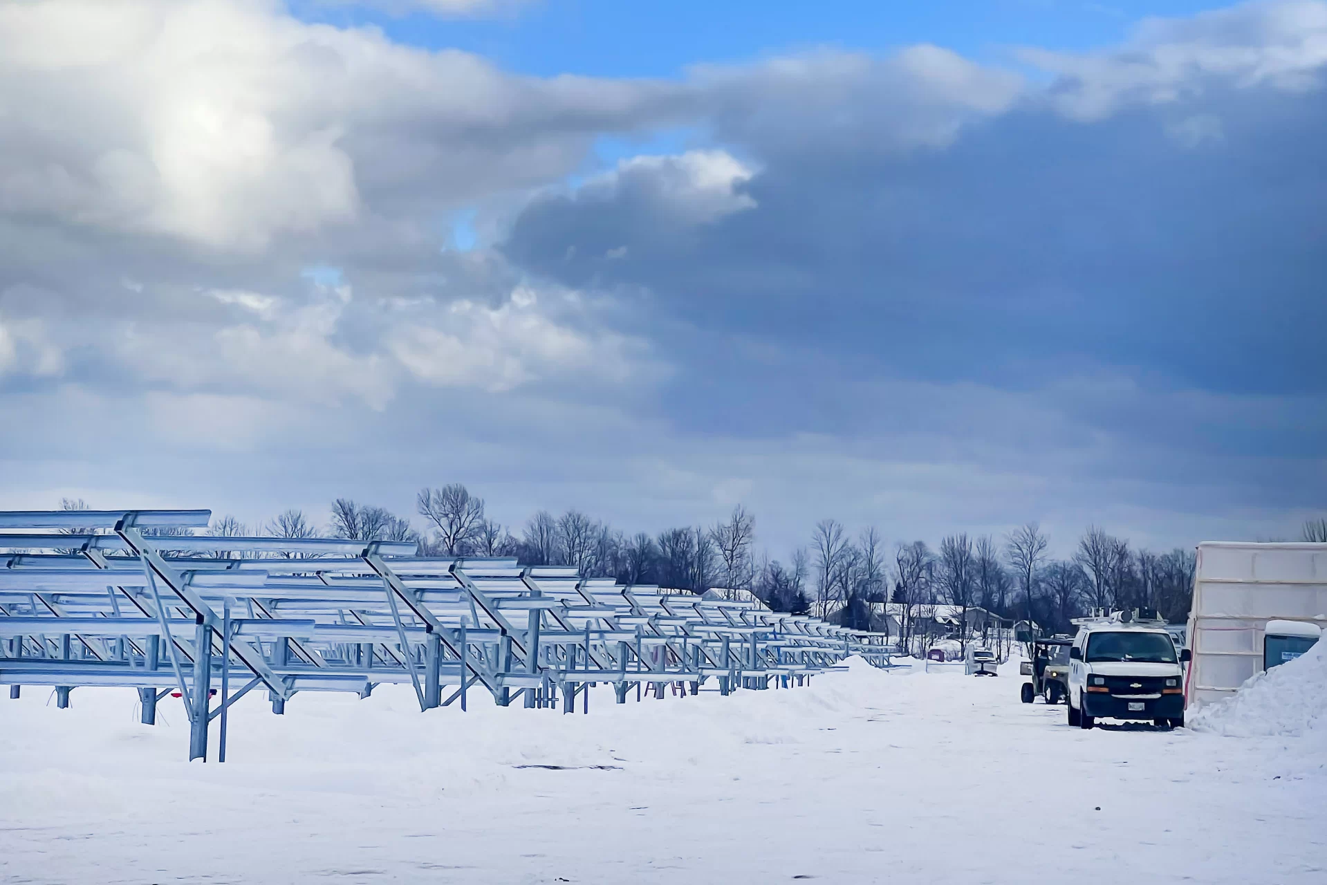 Empty racks and a temporary storage shed at the Skowhegan  solar array. (ReVision Energy photo)