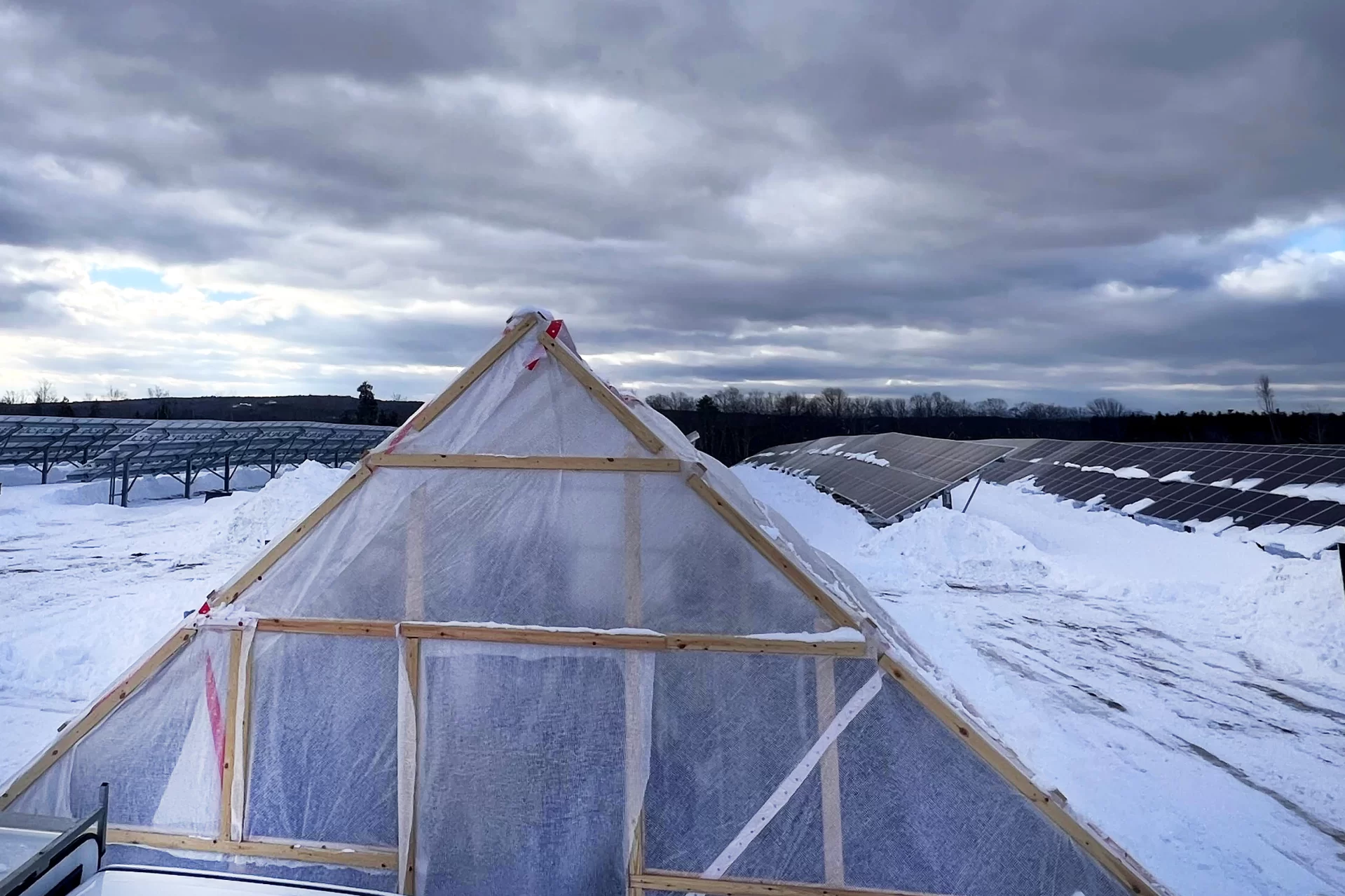 ReVision Energy uses temporary huts like this to protect equipment and supplies from the elements. (ReVision Energy photo)