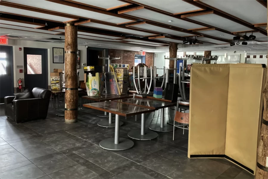 Furnishings were moved into one end of the Bobcat Den in response to the flood from a broken water main in late January. The water didn't affect areas of Chase undergoing renovation. (Doug Hubley/Bates College)