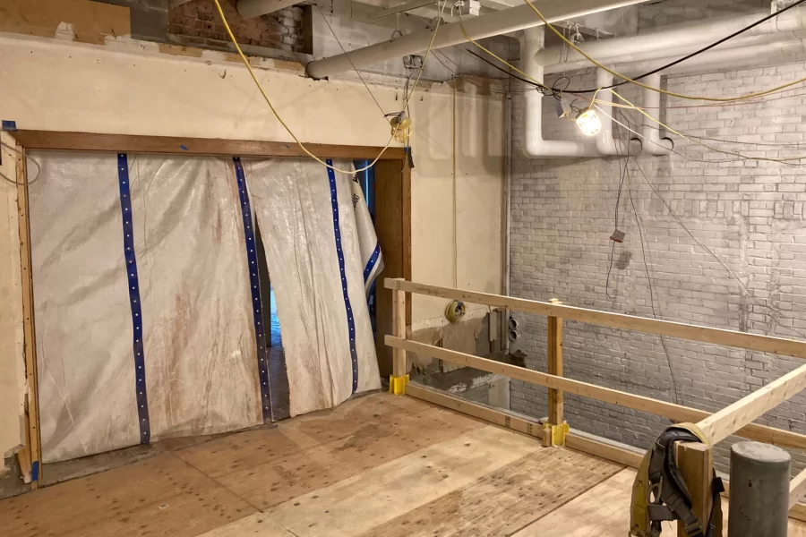 Directly adjacent to the central stair, this space at the entrance to the Office of Intercultural Education will be glassed in and become the OIE reception area. (Doug Hubley/Bates College)