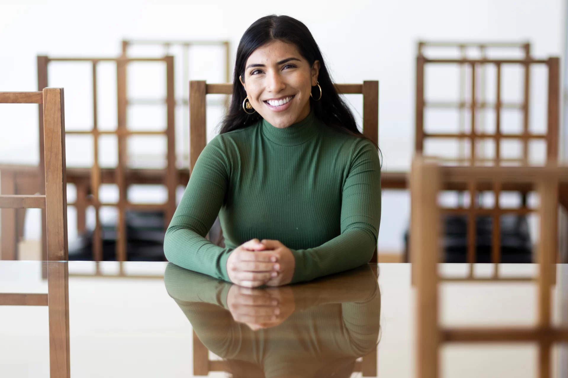 Adilene Sandoval ’23, a double major in environmental studies and sociology from Mattawa, Wash., recipient of the Watson Fellowship, poses in the Perry Atrium of Pettengill Hall on March 22, 2023.

Sandoval will travel to Australia, Ethiopia, Italy,Colombia, El Salvador, and Guatemala “to explore trauma-healing models informed by both activism and holistic healing to create, sustain and protect community-wellbeing from colonial violence. I will learn from communities that are using place-based strategies that facilitate healing through a wide range of frameworks and practices.”