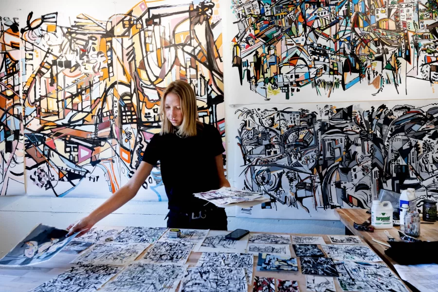 The art, you’ll see, is beautiful and striking. Frieda Kickliter ’23, a studio art major from Mobile, Ala., is making large abstract paintings inspired by architecture and landscape. She shares a studio with her roommate Jordan Wilson ’23 of Medfield, Mass., a double major in art history and studio art, who’s painting portraits of people she knows. And Tricia Ballard ’23, a studio art major from Larchmont, N.Y., is a ceramicist who loves simplicity. You’ll find the three of them in their Olin Arts Center studios with ) days to prepare for the installation of the Annual Senior Art Exhibition that opens on April 14 in the Bates College Museum of Art. The museum partners with the Department of Art and Visual culture to support the work of Bates students through an exhibition that highlights work selected from the thesis projects of graduating seniors majoring in studio art. Thesis projects vary from student to student, each pursuing an individual interest. The emphasis of the program is on creating a cohesive body of related works through sustained studio practice and critical inquiry. The year-long process is overseen by Art and Visual Culture faculty, and culminates in this exhibition. Stay tuned for more coverage of the installation and opening. (Phyllis Graber Jensen/Bates College) #batescollege #fineart #art #painting #ceramics #exhibition