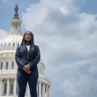 Aaliyah Moore, Bates College, Class of 24’, poses for a portrait at the U.S. Capitol in Washington, D.C., on Tuesday, July 18, 2023. Photo by Cheriss May, Ndemay Media Group for Bates College.