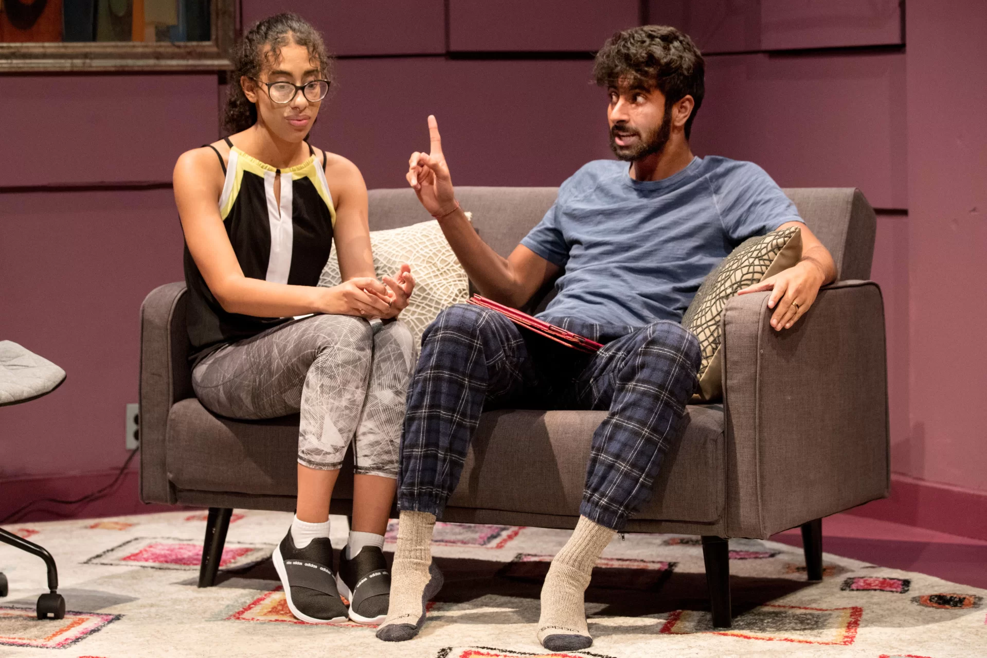 In November of his first year, Rishi Madnan '23 acts opposite classmate Emily Diaz of Corona, N.Y.
in LOVE/ SICK, by John Cariani and directed by now retired Dana Professor of Theater Martin Andrucki. (Phyllis Graber Jensen/Bates College) 