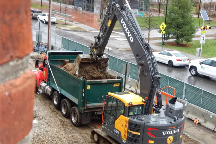 Site work in progress in front of Chase Hall, seen from a second-story window. (Doug Hubley/Bates College)