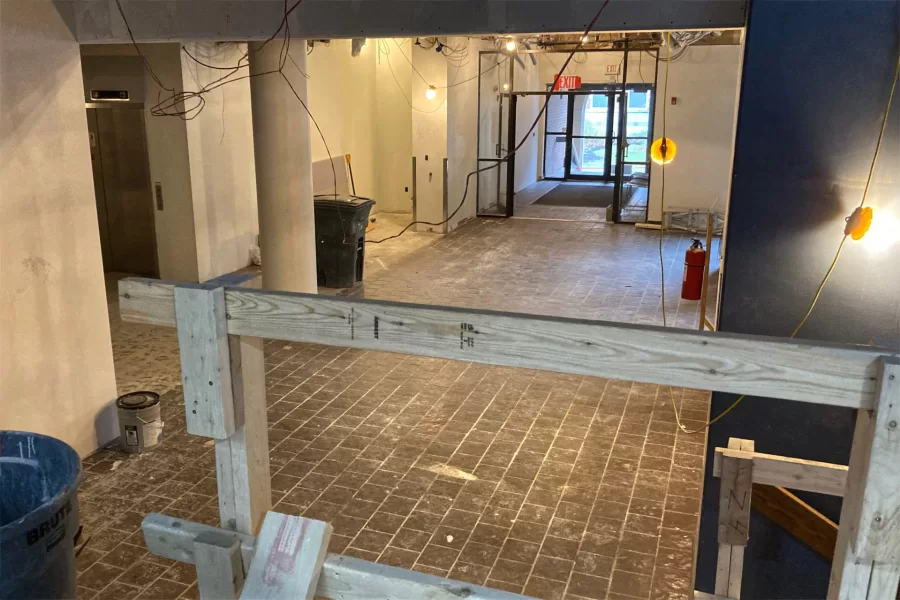 This view from the Overnook shows Chase Hall’s first-floor lobby and the exit toward the Carnegie Science courtyard. (Doug Hubley/Bates College)