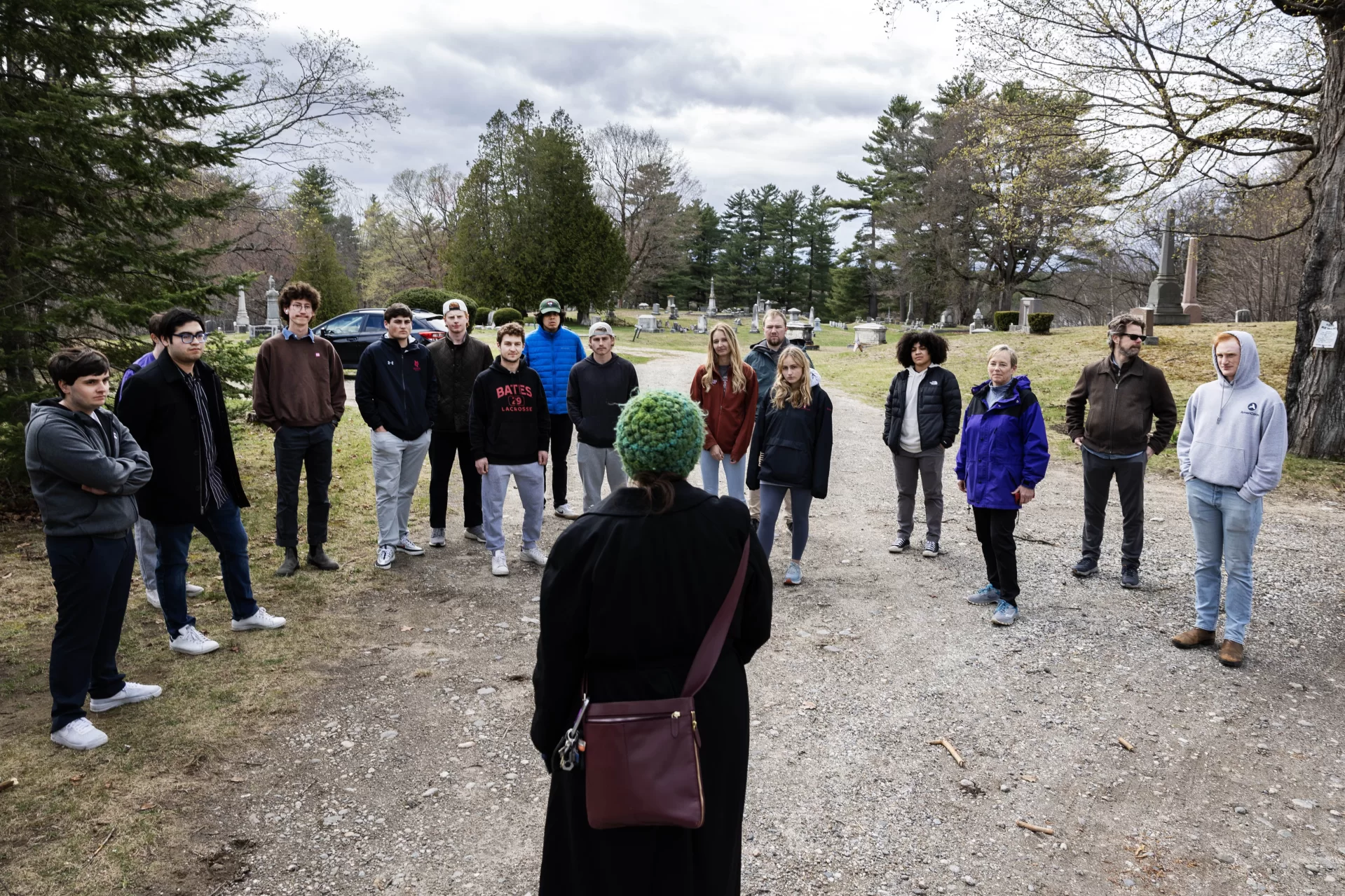 Moments from the Riverside Cemetery Historical Walking Tours on April 18, 2023. In the winter semester of 2023 students in the Public History in the Digital Age course designed walking tours of Riverside Cemetery. Each tour explores the past through the lives of people buried in Riverside. (Theophil Syslo | Bates College)