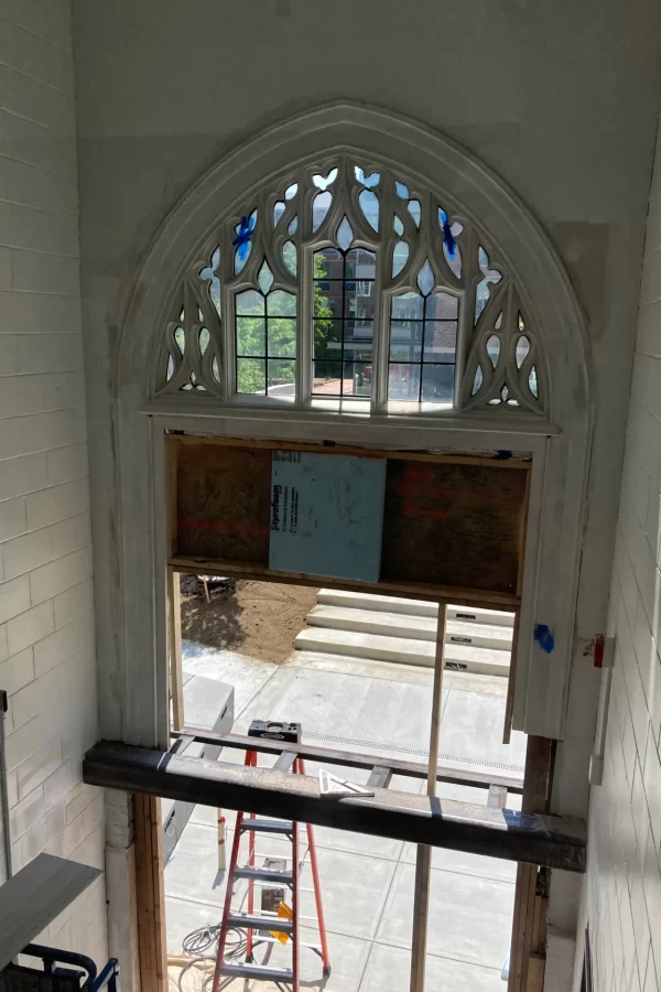 All the glass in this former stairwell will flood Chase Hall’s reconfigured entrance near the Kenison Gate with natural light, transforming it to a "lightwell." (Doug Hubley/Bates College)