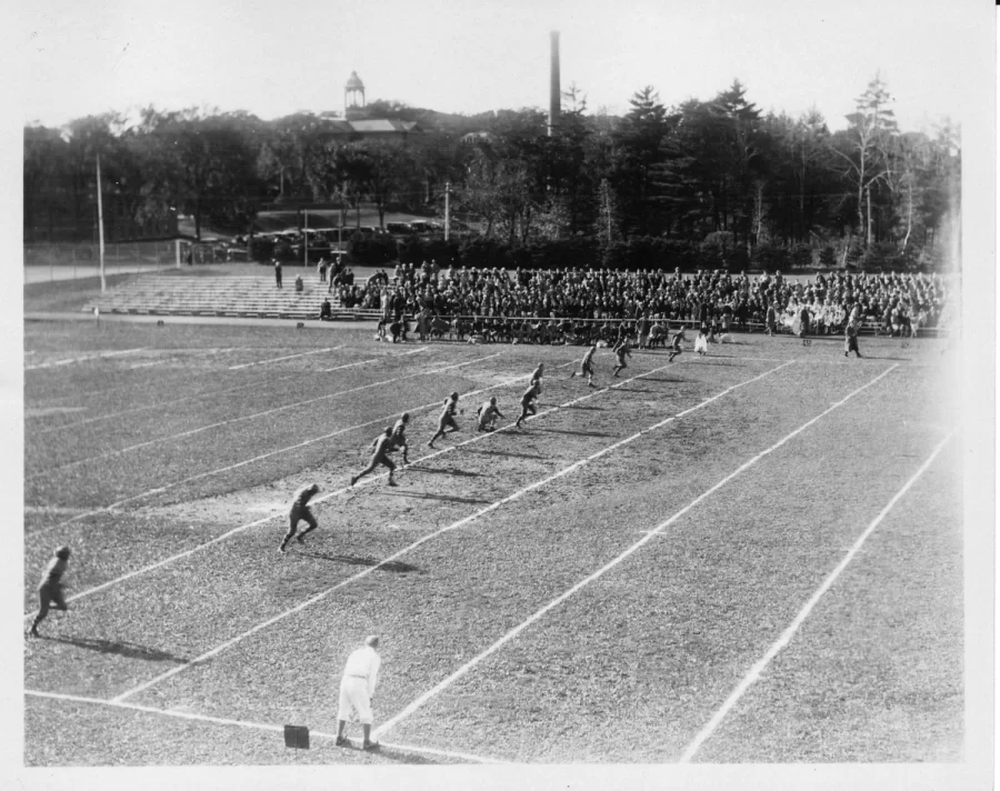 A football game on the living (if somewhat stressed) grass on Garcelon Field sometime in the 1920s. (Edmund S. Muskie Archives and Special Collections Library)