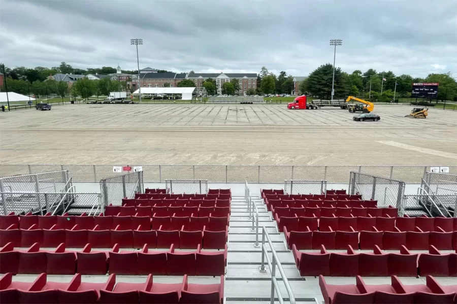 In this June 21 image, the Garcelon Field crew from R.A.D. Sports has finished removing the 2010 FieldTurf surface. (Aaron Morse/Bates College)