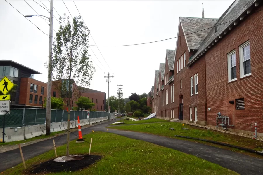 New landscaping in front of Chase Hall on a gray day in June. (Doug Hubley/Bates College)