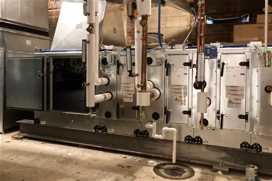 Chase Hall’s new air handling machine. (Doug Hubley/Bates College)