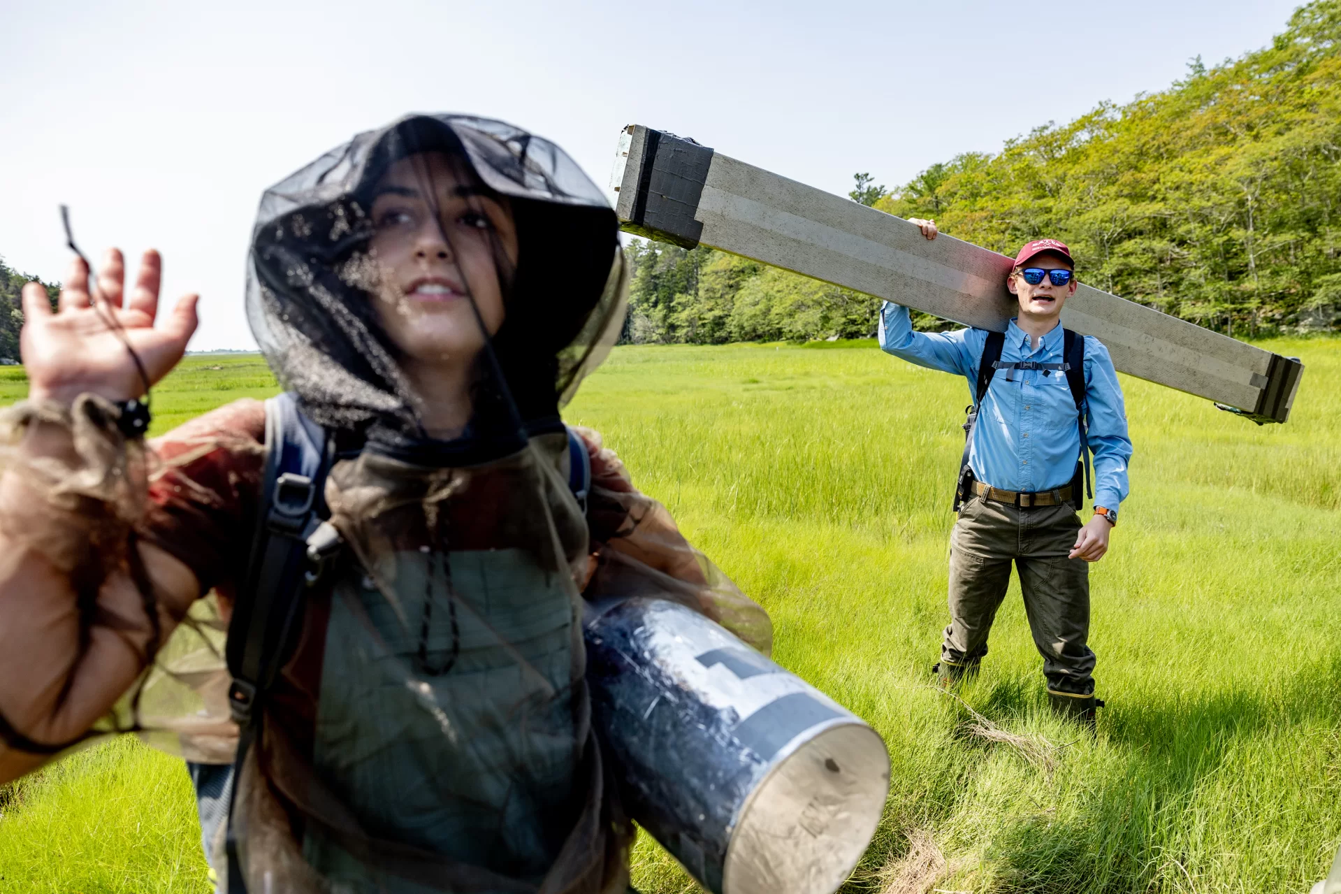 Professor of Earth and Climate Sciences Beverly Johnson takes her summer research students who are studying blue carbon cycling in salt marshes to Bates-MorseMountain in Phippsburg.

An EPA regional assessment of blue carbon stocks has recently been released.  Maine data are almost entirely from Johnson’s lab so Bates is heavily featured (mostly her thesis students).

Anna Sarazin (EACS 2024; funded by Maine Sea Grant) ---- short with red/blonde hair
Kate Dickson (EACS 2024; funded by Maine Sea Grant) ---- tall, carried the backpack, red hair
Hayden Eckblom (EACS 2025; funded by Maine Climate Science Information Exchange) --- the only male
Fiona Wilson (Biology, 2025; funded by Maine Community Foundation) ----- the one wearing all the netting, blondish/red hair in pigtails
Evelyn Marchand (EACS 2026; funded by Maine Community Foundation) --- dark hair