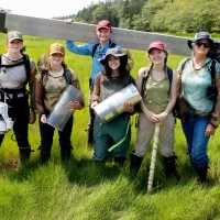 Professor of Earth and Climate Sciences Beverly Johnson takes her summer research students who are studying blue carbon cycling in salt marshes to Bates-MorseMountain in Phippsburg.