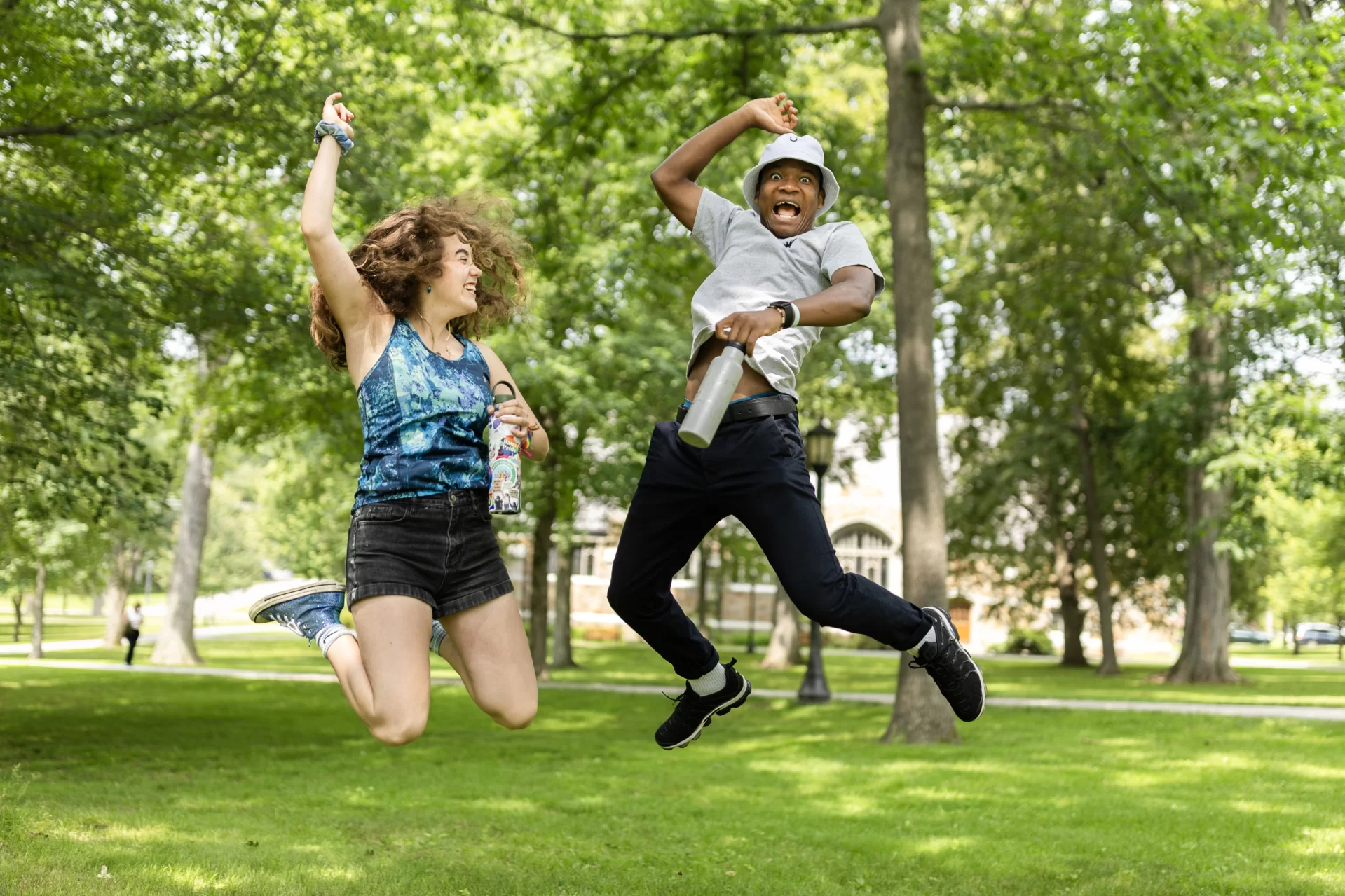 “Long live the Quad!”

Admission summer interns and biochemistry majors Kendall Jones ‘25 of Plymouth, N.H., and Sebenele Lukhele ‘26 of Manzini, Eswatini, display their affection — and energy — for the Bates campus on their way to lunch at Commons earlier today.

It’s a hot day, so Lukhele offered the following advice. “Stay hydrated.”

Jones leads the next campus tour this afternoon.