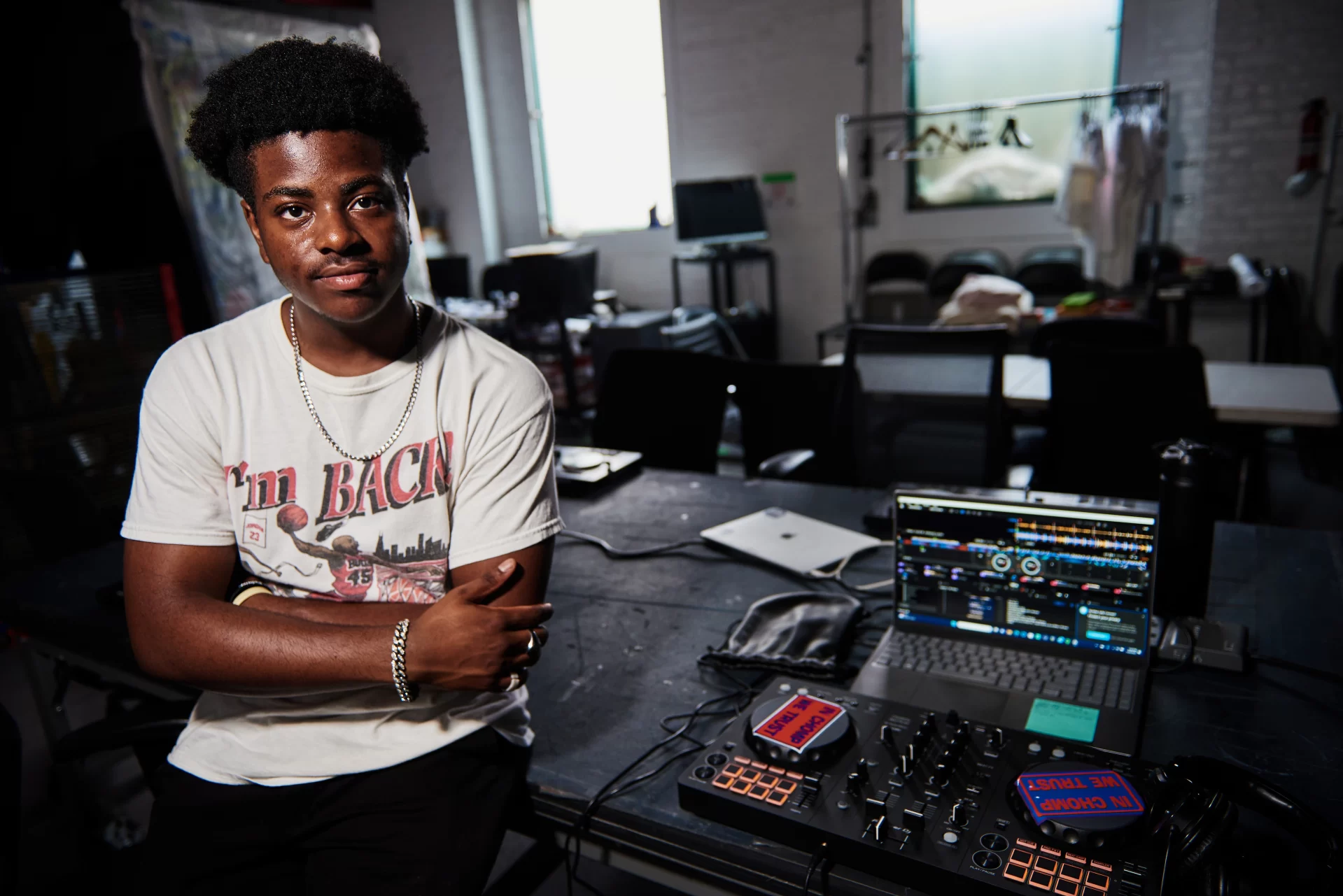 Uche Anyanwu ’25 of Brooklyn, musically known as Uche the Chomp Man, who is working at a youth empowerment nonprofit Building Beats in Brooklyn. His summer internship is funded through the Center for Purposeful Work. Photographed in Brooklyn on July 29, 2023.