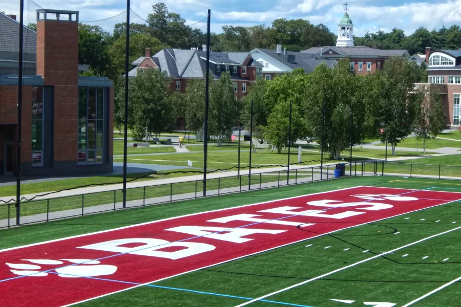 The colors pop on Garcelon Field’s new Legion playing surface. (Doug Hubley/Bates College)