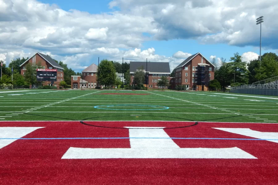 A view of the new Legion playing surface, made by Shaw Sports Turf, on Garcelon Field. Many of the markings shown were cut and stitched in by hand. (Doug Hubley/Bates College)