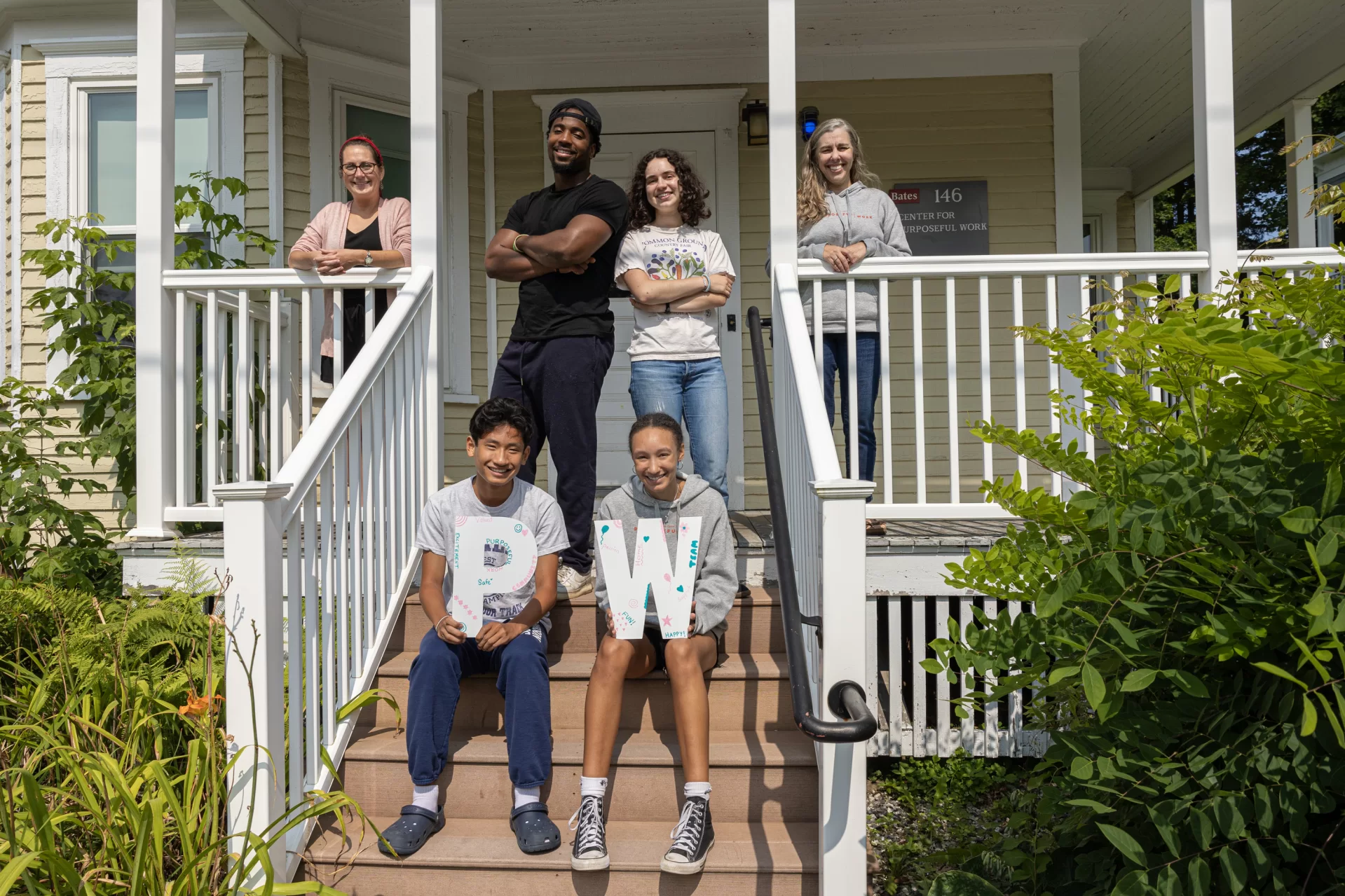 This team of four students, working as facilitators with Purposeful Work staff, have led meaningful conversations with more than 100 Bates interns throughout the summer.

Purposeful Work interns were divided into groups of 15-20 participants. Under the guidance of facilitators, they discussed purposeful topics around personal and professional development as they embarked on their summer experiences. The facilitators also managed the @batespurposefulwork Instagram takeovers, Handshake approvals, and data projects.

At their final gathering together as a complete team, the facilitators and staff discussed their end-of-summer wrap-up and remaining Instagram takeovers as they enjoyed some Italian Bakery treats.

Congratulations on jobs well done to the entire group posing on the Wood Street steps of the Center for Purposeful Work: Jamil Mouehla ’25, a mathematics major from Harrington Park, N.J.; Izzy Beck ’25, a politics major from Montclair, N.J.; Alexandra (ARose) Long '25, a mathematics major from Newtown; Pa., and Luke Dai ’25, a double major in economics and psychology major from West Hartford, Conn., with Associate Director of Employer Engagement and Internships Beverly Vari and Director of Operations, Marketing, and Outreach Sheila Anderson.