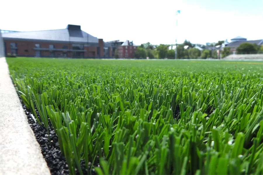 A close-up of the new Legion playing surface on Garcelon Field shows the artificial grass and the sand-and-crumb-rubber infill. (Jay Burns/Bates College)