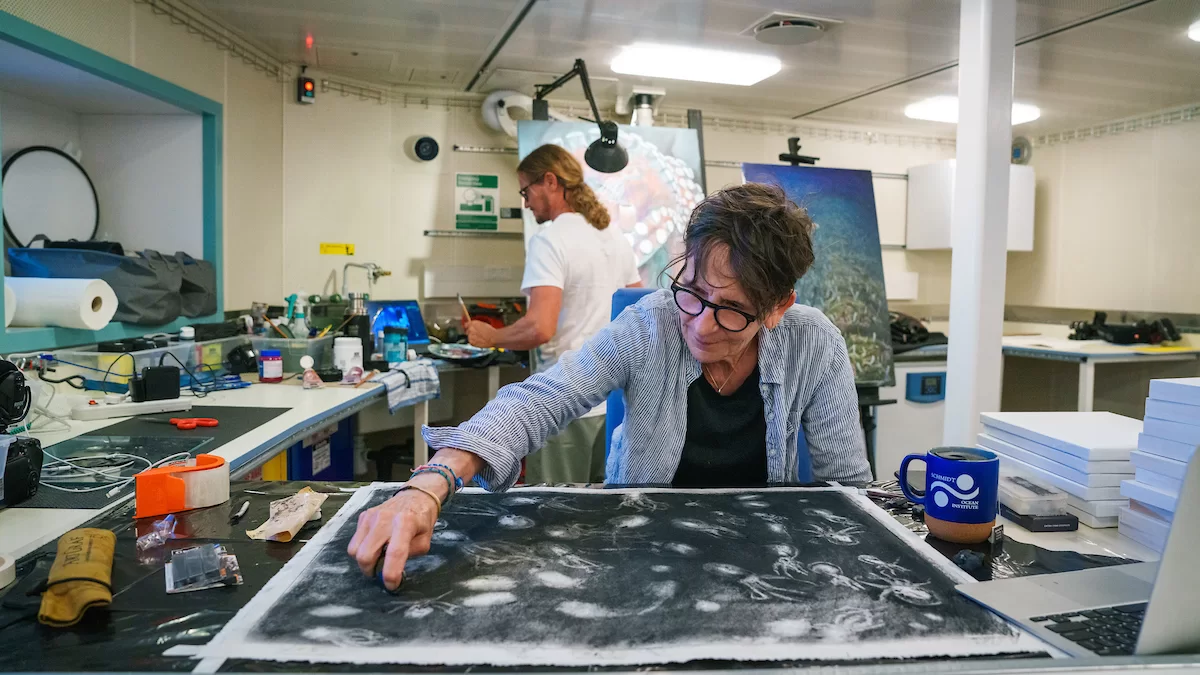 Carlos Hiller, left, and Michel Droge work together in Falkor (too)'s Main Lab. (Photo courtesy of the Schmidt Ocean Institute)