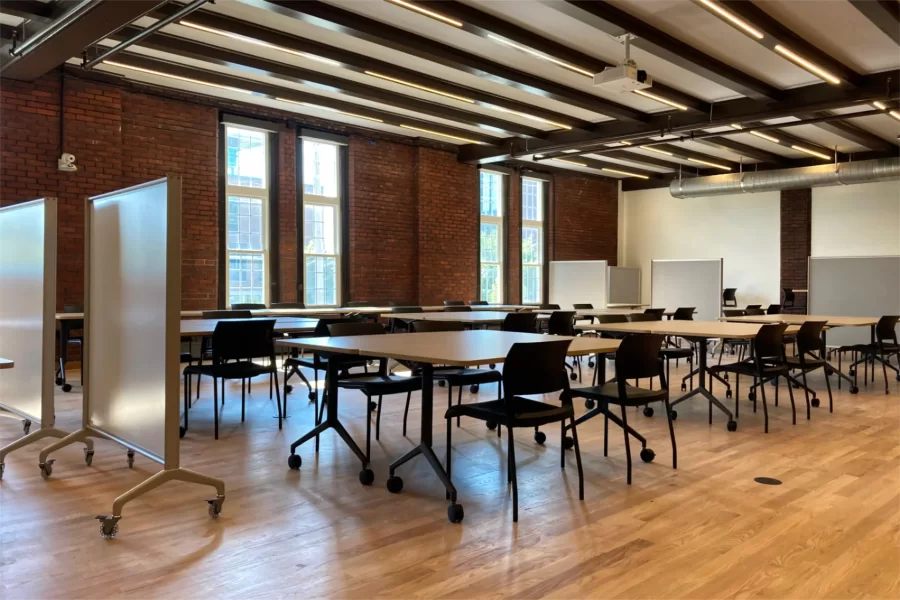 In its latest incarnation, the once-clubby Chase Hall Lounge has a decidely businesslike look. (Doug Hubley/Bates College)