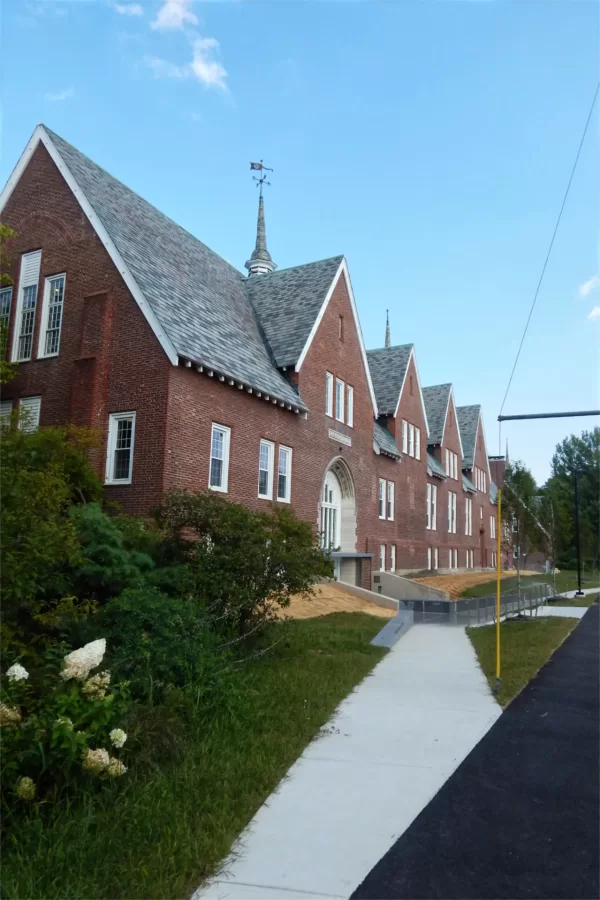 Seen from the Kenison Gate, this image of Chase Hall was taken an hour or so prior to its re-opening ceremony, on Sept. 7. (Doug Hubley/Bates College)