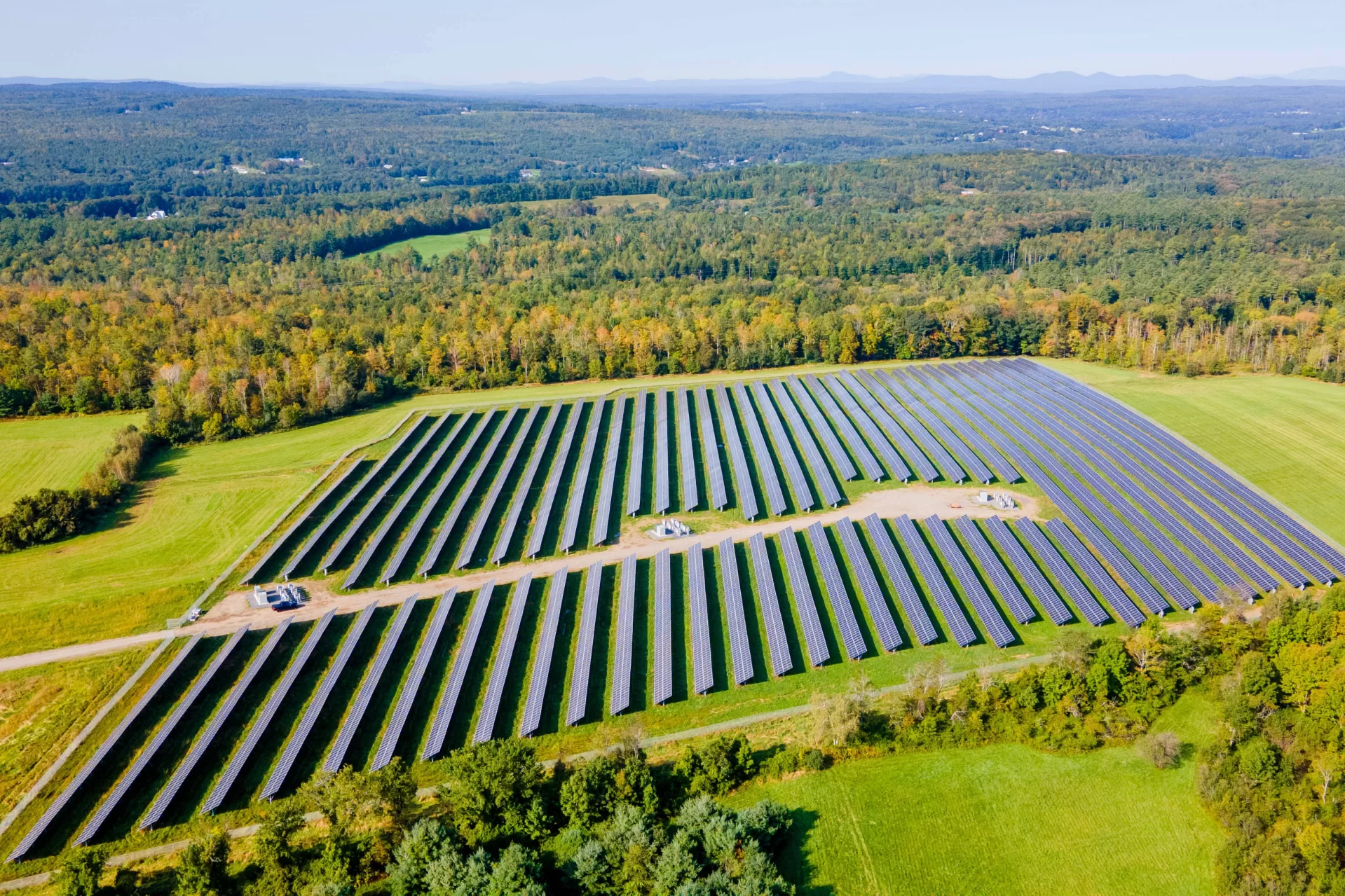 This aerial photo shows the completed photovoltaic array on more than 20 acres of countryside in the town of Skowhegan. Maine, on Sept. 21, 2023.(ReVision Energy photo)