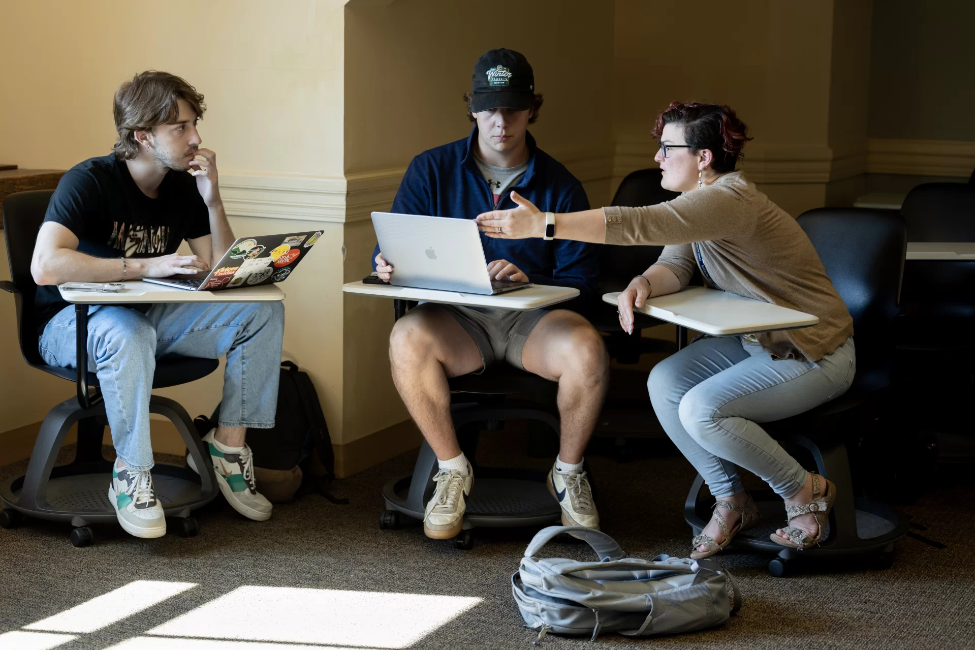 Associate Professor of Digital and Computational Studies Carrie Diaz Eaton teaches MATH 316 - PIC Math: Community Engaged Data Science in Roger Williams 413 on Oct. 4, 2023.

That's Christian Cabello (L) and Christopher McGrail (R).


This PIC Math (Preparation for Industrial Careers in Mathematical Sciences) course is intended for students with a strong interest in industrial applications of mathematics and computation. Students work in teams on a research problem identified by a community partner from business, industry, or government. Students develop their mathematical and programming skills as well as skills and traits valued by employers of STEM professionals, such as teamwork, effective communication, independent thinking, problem solving, and final products. Prerequisite(s): MATH 205 and 206.

In an adjacent RW lounge, a group meets with its DCS community partner Jacqueline Crucet, Neighborhood Development Planner, on Zoom to discuss insights into housing data for the City of Lewiston.

In frame #690. From left, Jacob Gordon ’24, Cameron Frary ’24, Spencer Obiero ’25, and Elvira Keira Ishimwe ’25.