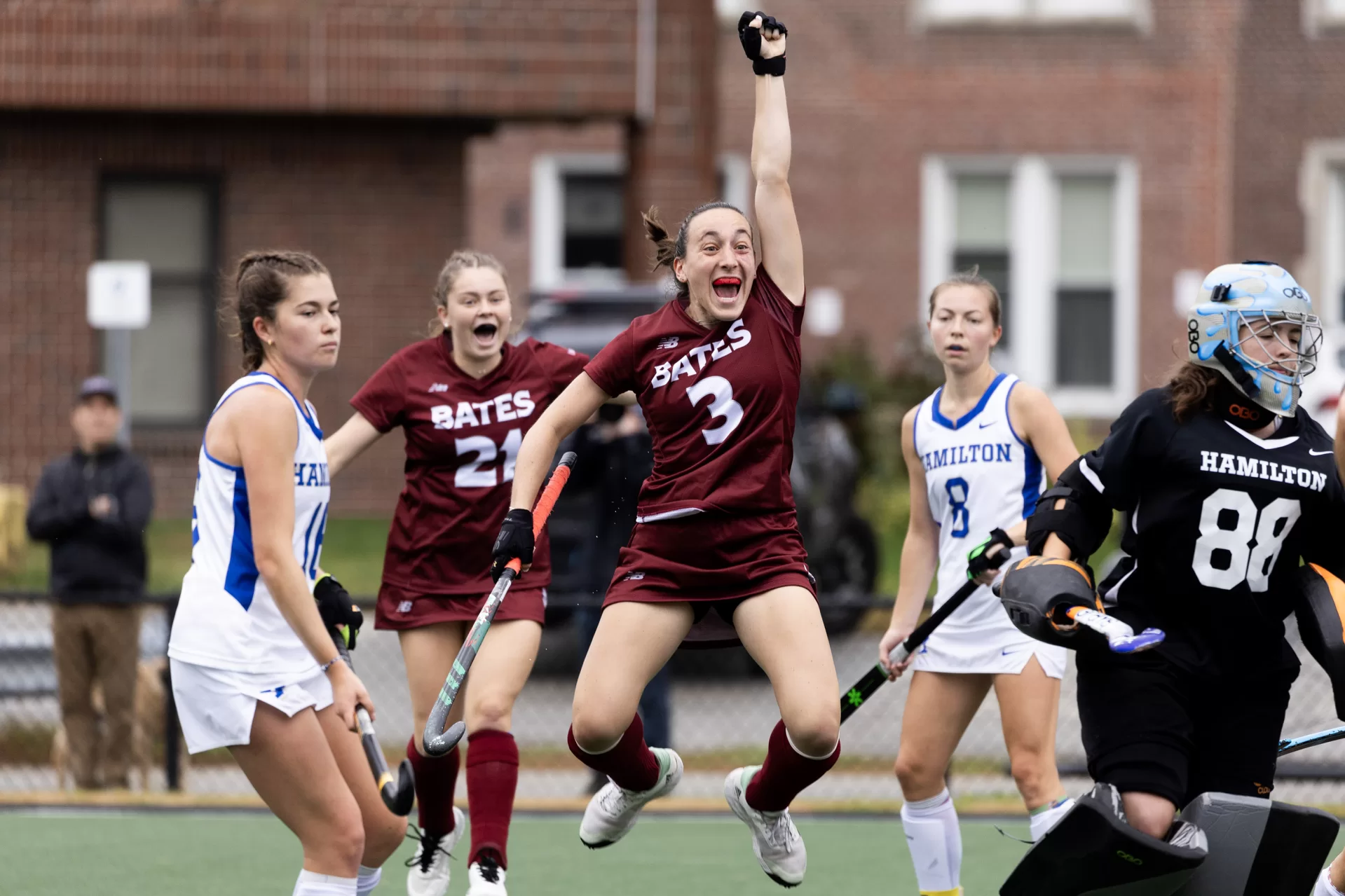 The No. 10 nationally ranked Bates field hockey team scored three times in the first quarter and rolled to a 5-0 win over No. 20 Hamilton Saturday. Oct. 7, 2023,  at Campus Ave. Field.