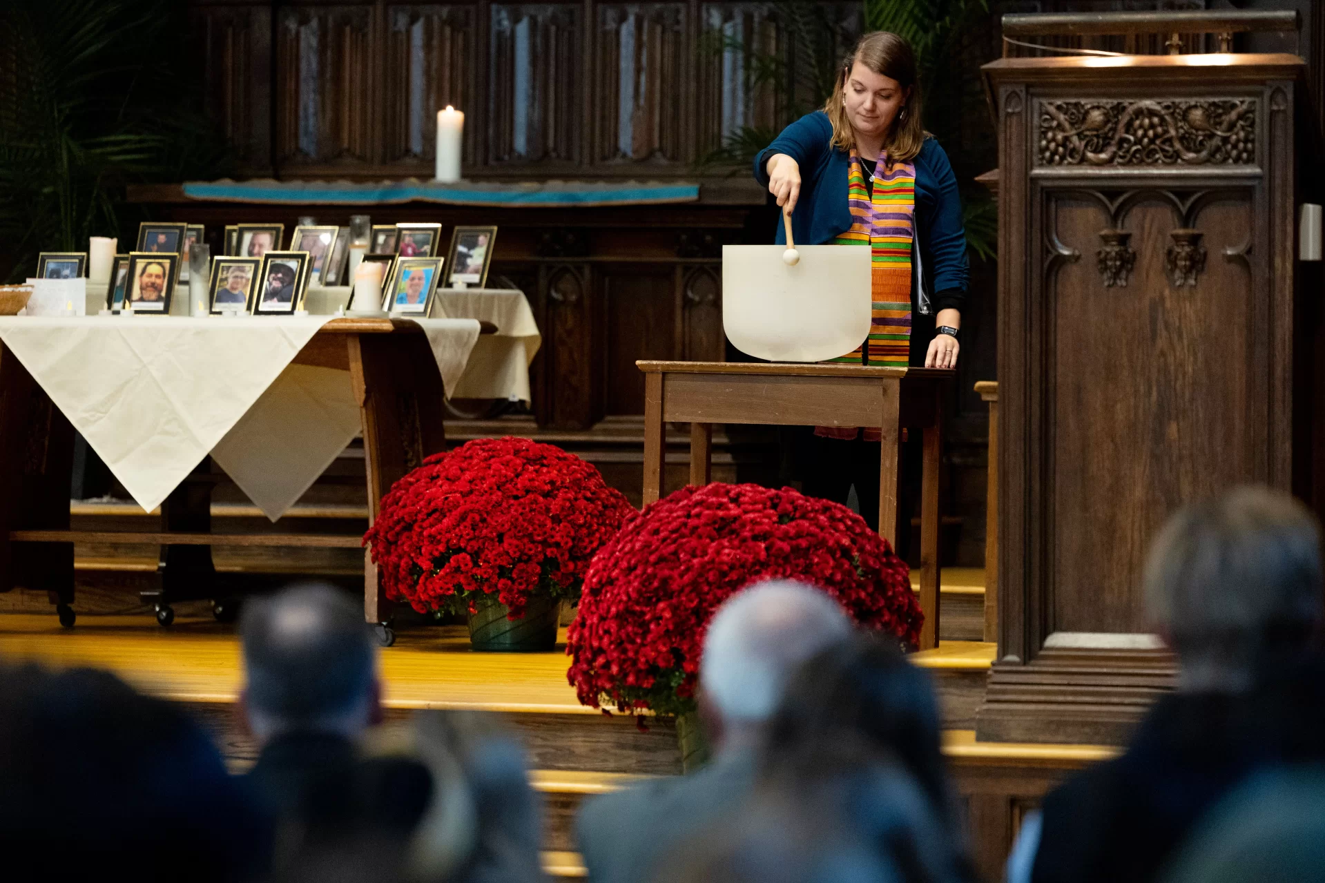 “The brightness that shines through the dark of a tragedy such as we have suffered here in Lewiston, our home, is what it always is in times like these: the immense capacity of our shared humanity,” said Bates President Garry W. Jenkins in his remarks during today’s Vigil for Grief and Remembrance, held at 4:30 p.m. in Gomes Chapel on the one-week anniversary of the shootings in Lewiston.

Led by the Rev. Brittany Longsdorf, the college’s multifaith chaplain, the vigil gave the campus community an opportunity to come together for silence, candle lighting, poetry, and interfaith prayers, and, ultimately, to share communal grief with their Lewiston community.
Welcome & Naming Grief: Brittany Longsdorf, 
Multifaith Chaplain and Visiting Lecturer in the Humanities

Bates President Garry W. Jenkins Remarks

Lewiston Mayor Carl Sheline’s Remarks 

Invitation for Sharing: Brittany Longsdorf

*Barry Music* (single floor mic, guitar output)

Reading of the Names: Brittany Longsdorf and Raymond Clothier, associate multifaith chaplain
•	Tricia C. Asselin
•	Peyton Brewer-Ross
•	William Frank Brackett
•	Thomas Ryan Conrad
•	Michael R. Deslauriers II
•	Maxx A. Hathaway
•	Bryan M. MacFarlane
•	Keith D. Macneir
•	Ronald G. Morin
•	Joshua A. Seal
•	Arthur Fred Strout
•	Stephen M. Vozzella
•	Lucille M. Violette
•	Robert E. Violette
•	Joseph Lawrence Walker
•	Jason Adam Walker
•	William A. Young
•	Aaron Young
*moment  of silence* & closing, begin to pass candle lighting 

READINGS (all from Lectern mic unless noted)
Aneeza Ahmad ‘25 of Sharon, Mass., and Alaina Rauf ‘25 of Yarmouth, Me., of the Bates Muslim Student Association 
Sophie Leight ‘26 of Easton, Md.
Venerable Tenzin Dasel, ‘88 - volunteer spiritual advisor and founder of the Maine Mindfulness Project and is an active retreat leader and speaker in the International Network of Engaged Buddhists 
Levi Mindlin ‘24 of Portland, Ore - song (single floor mic, guitar output)