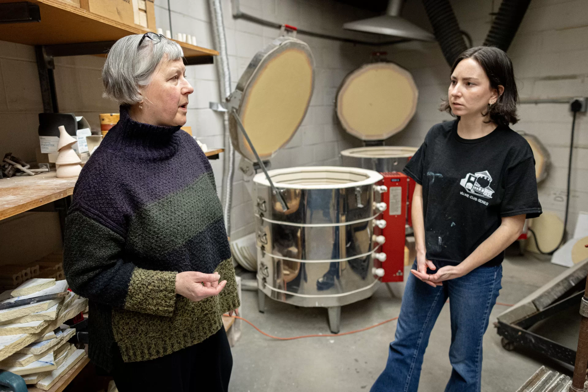 For a Q&A with student employee Alex Provasnik '25 of Arlington, Va., on cooking with chemistry in the glaze kitchen. She is a double major in art and visual culture and chemistry, shown in the glaze kitchen and with the kilns with Lecturer in Art and Visual Culture Susan Dewsnap.